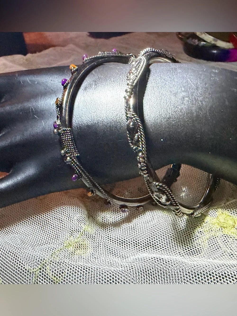 Vintage Gothic Twisted Metal and Jeweled Bangle Bracelet set